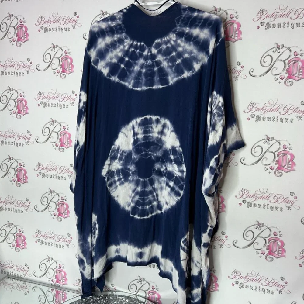 Harlow cardigan Navy White Tie-Dye Open Cardigan one size fits all kimono flowy - Picture 2 of 5